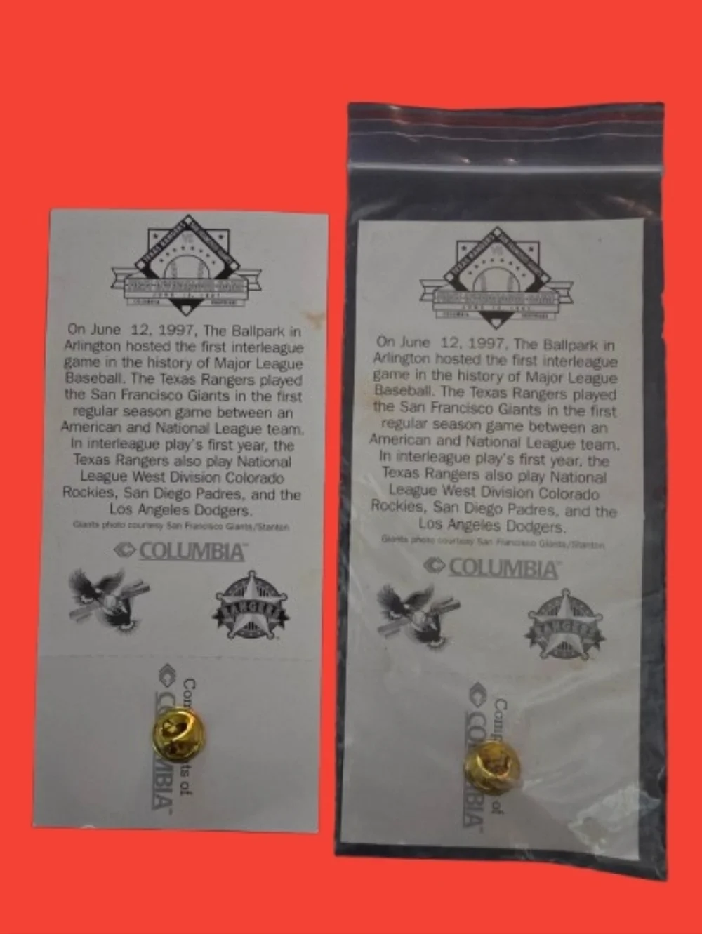 📣Vintage '97 Columbia TX Rangers⚾ 1st Interieague Game MLB Hat Pins Set of 2